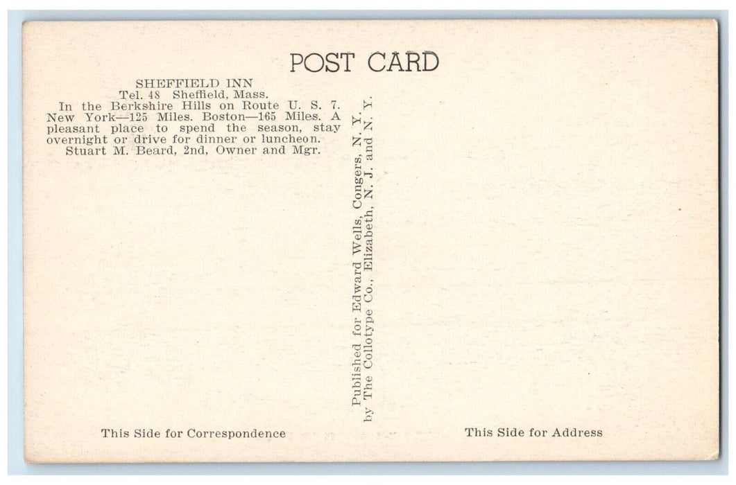 c1940's Sheffield Inn Sheffield Massachusetts MA Vintage Unposted Postcard