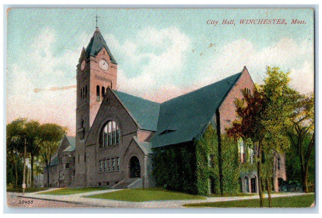 c1910's City Hall Building Clock Tower Winchester Massachusetts MA Postcard