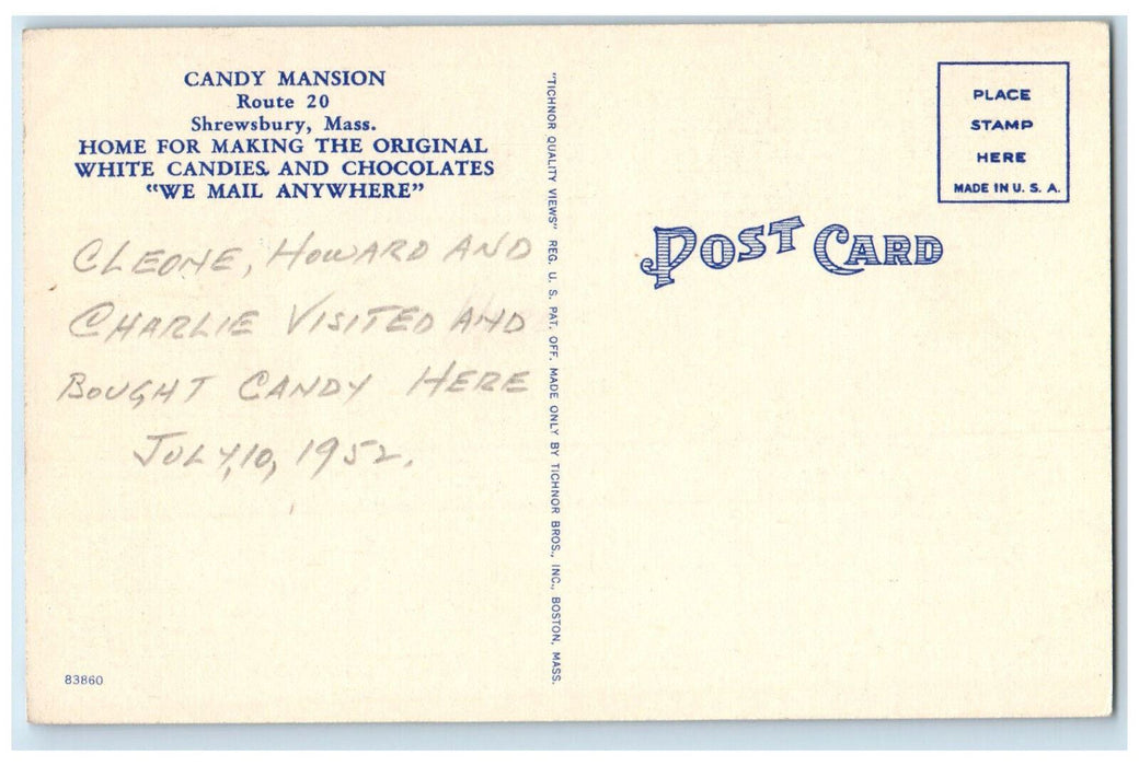 1952 The Herbert Candy Mansion Shrewsbury Massachusetts MA Vintage Postcard