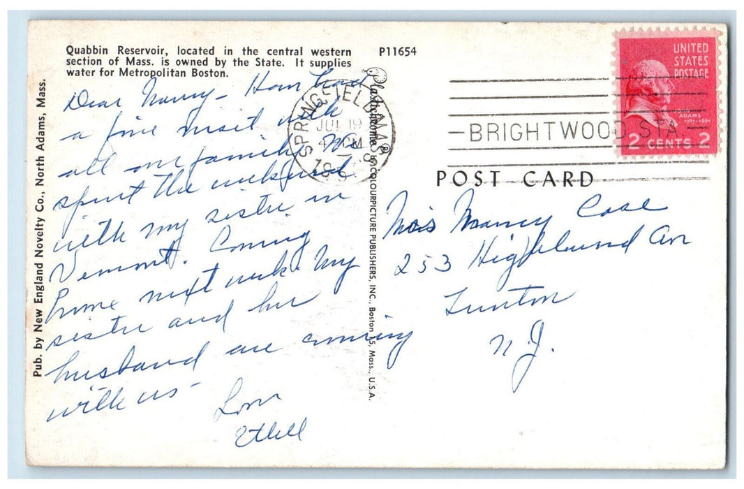 1957 Quabbin Reservoir Central Western Section Massachusetts MA Postcard