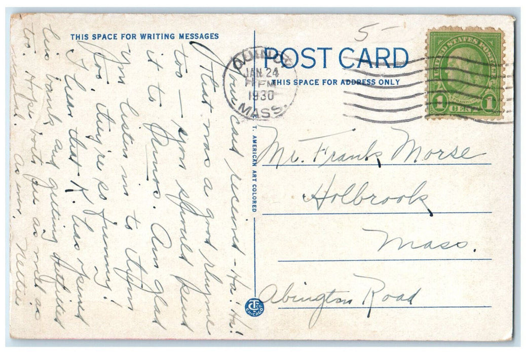 1930 Car Scene US Flag Hancock Street Quincy Massachusetts MA Vintage Postcard