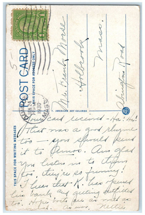 1930 Car Scene US Flag Hancock Street Quincy Massachusetts MA Vintage Postcard