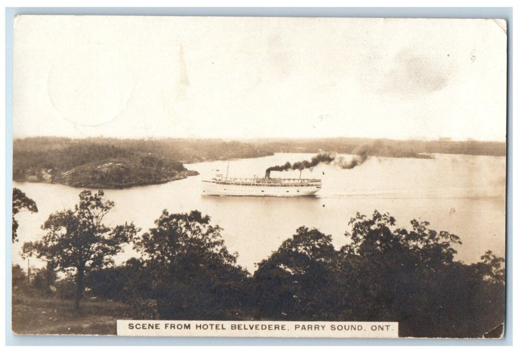 Steamer Ship Scene From Hotel Belvedere Parry Sound Ontario RPPC Photo Postcard