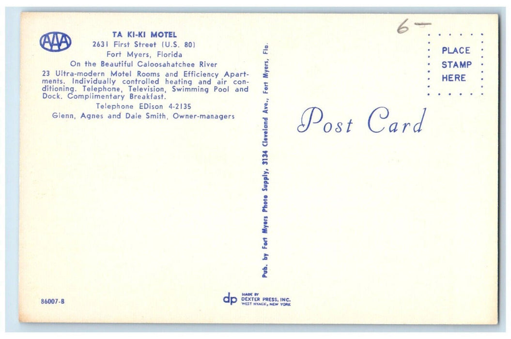 c1960's Ta Ki-ki Motel Swimming Pool Fort Myers Florida FL Dual View Postcard