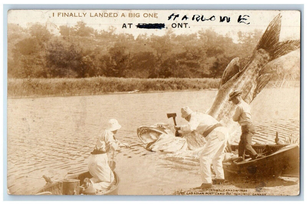 1937 Fisherman Boat Exaggerated Fish Ax Ontario Canada RPPC Photo Postcard