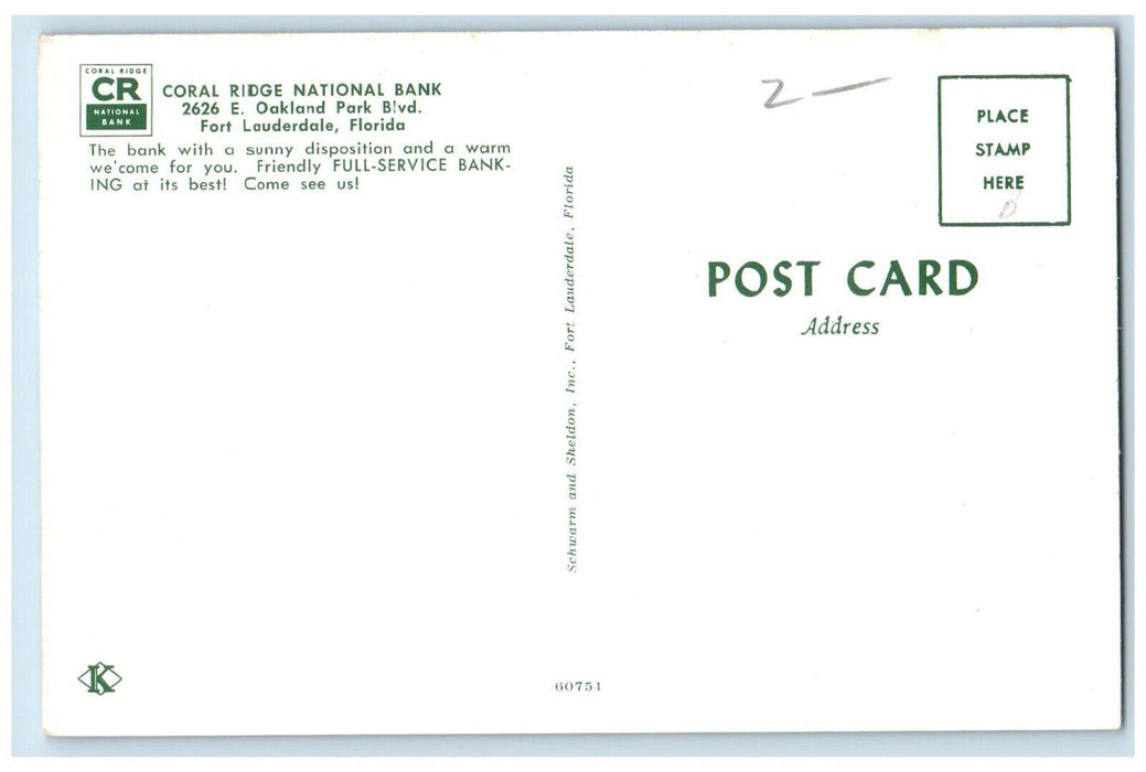 c1960's Coral Ridge National Bank Roadside Fort Lauderdale Florida FL Postcard