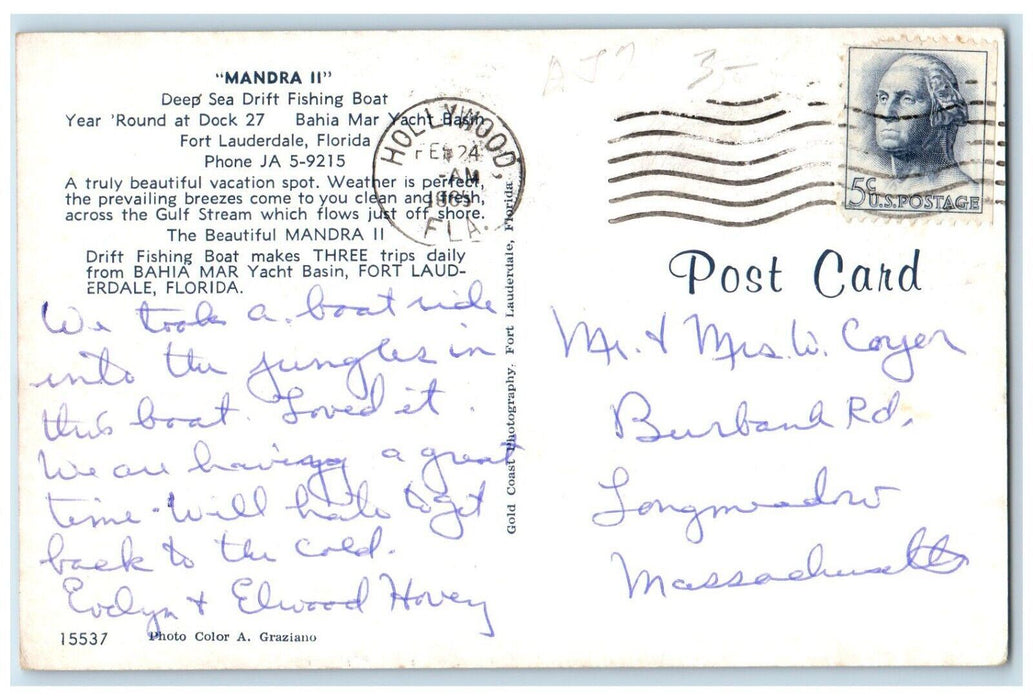 Mandra || Deep Sea Drift Fishing Boat Fort Lauderdale Hollywood FL Postcard