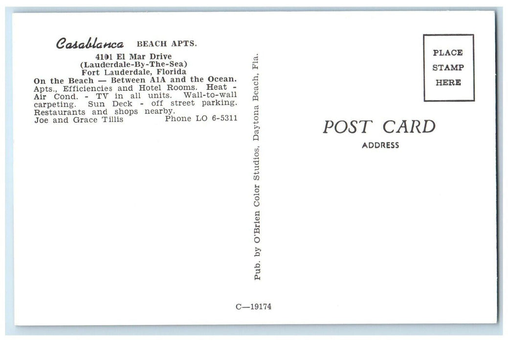 c1960's Casablanca Beach Apartment Hotel Fort Lauderdale Florida FL Postcard