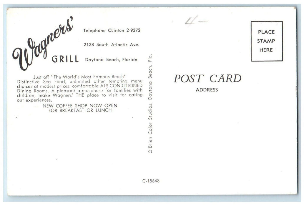 Wagner's Grill Sandwiches Seafood Restaurant Daytona Beach FL Vintage Postcard