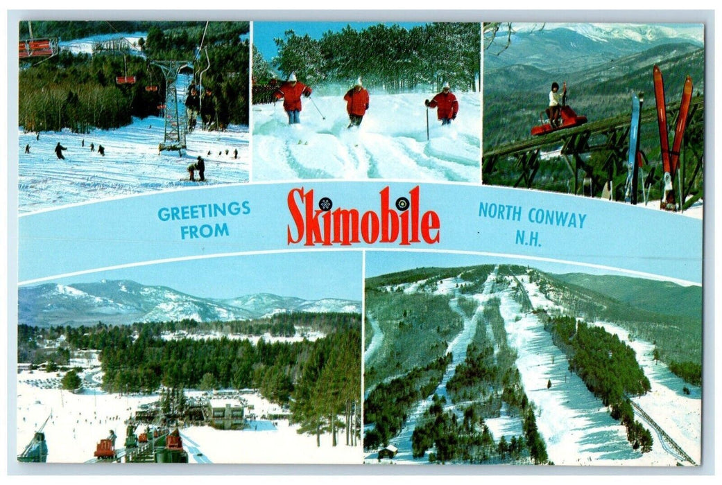 c1960 Greetings From Skimobile Snow North Conway New Hampshire Banner Postcard