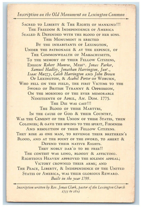 Inscription On The Old Monument Lexington Common Massachusetts MA Postcard