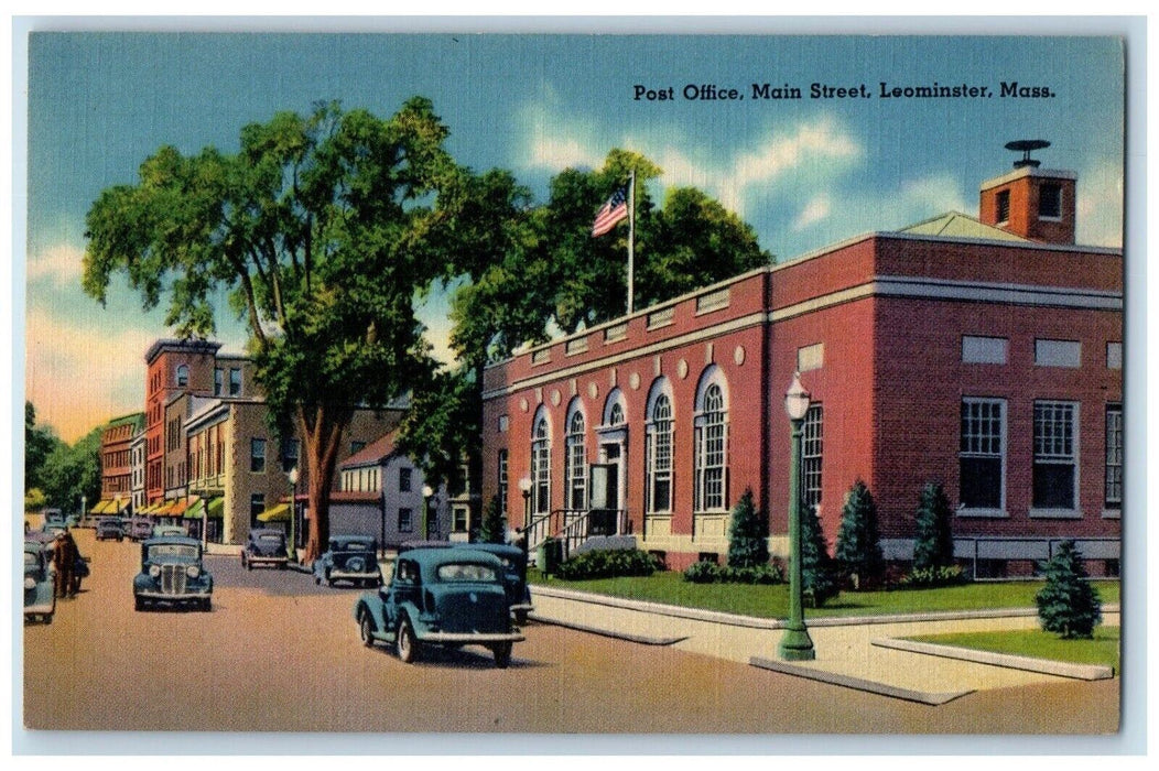 Post Office Main Street View Cars Leominster Massachusetts MA Vintage Postcard