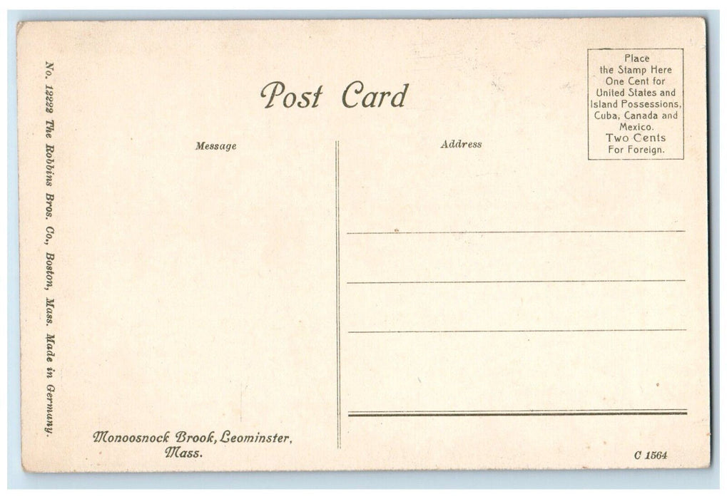 c1920's Monoosnoc Brook River Leominster Massachusetts MA Vintage Postcard