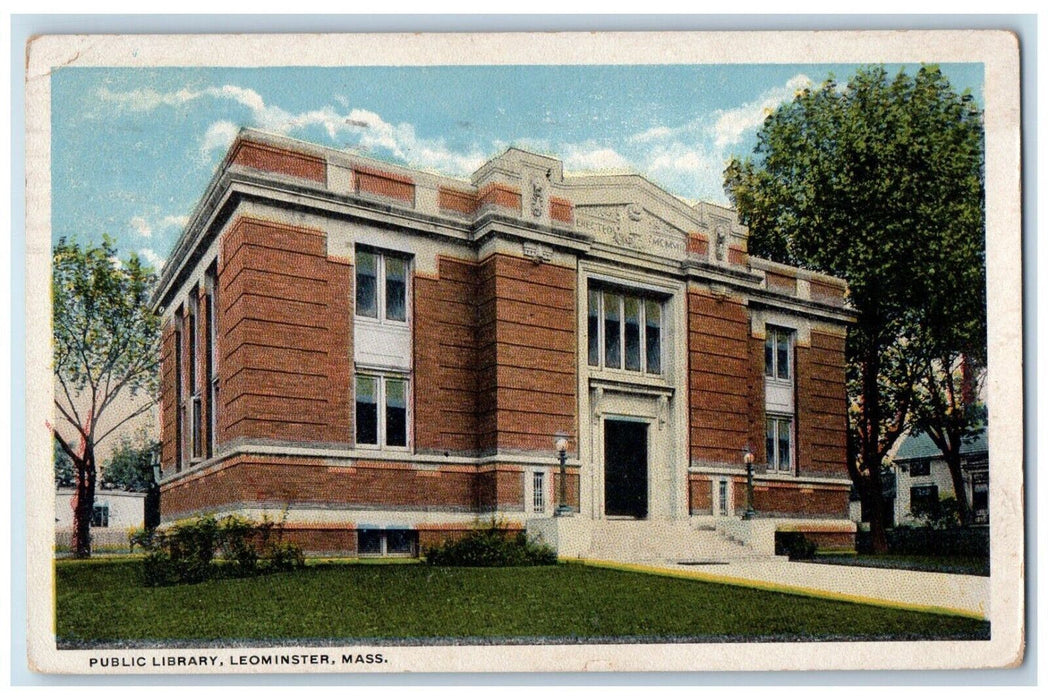1919 Public Library Building Scene Street Leominster Massachusetts MA Postcard