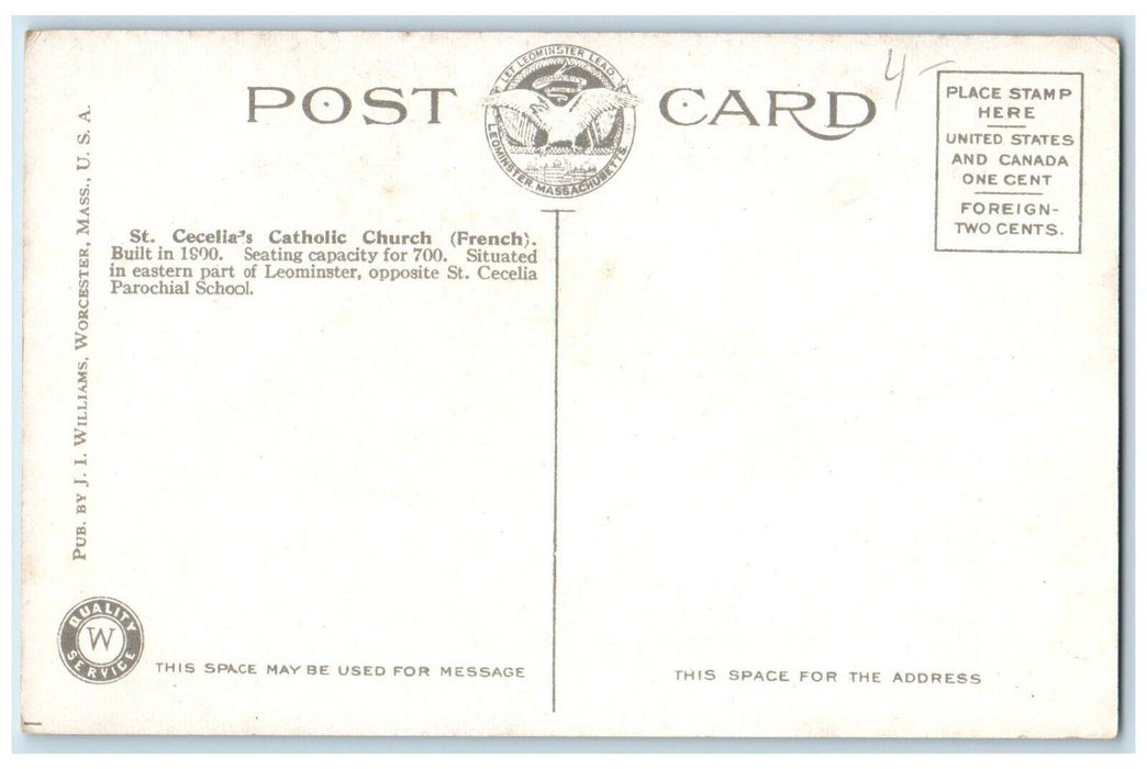 ST. Cecelia's Catholic Chruch (French) Leominster Massachusetts MA Postcard