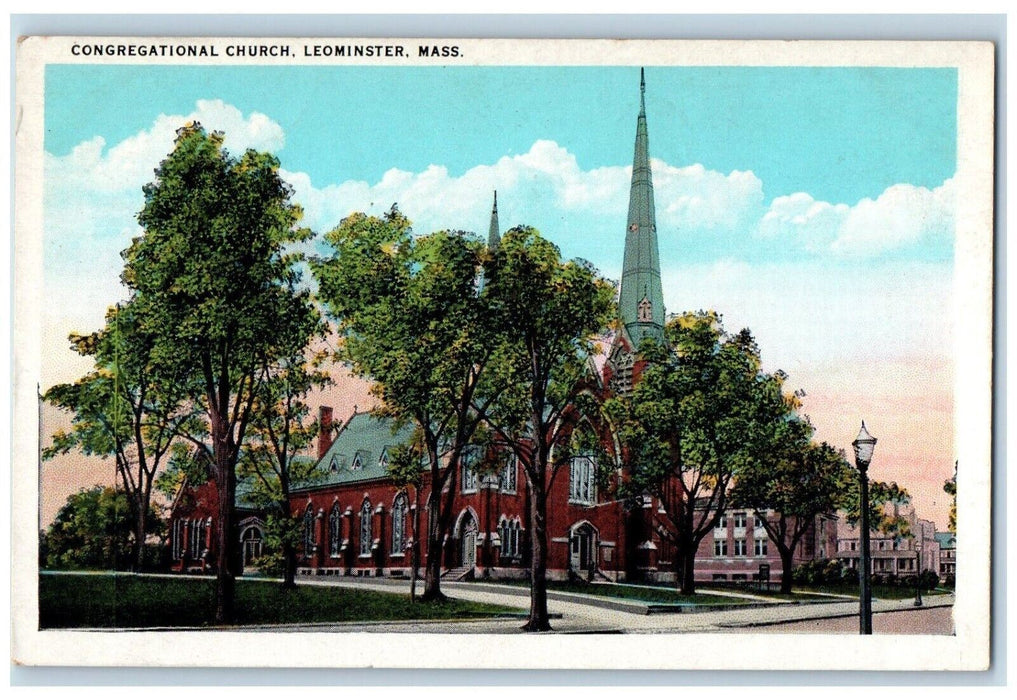 View Of Congregational Chruch Leominster Massachusetts MA Vintage Postcard
