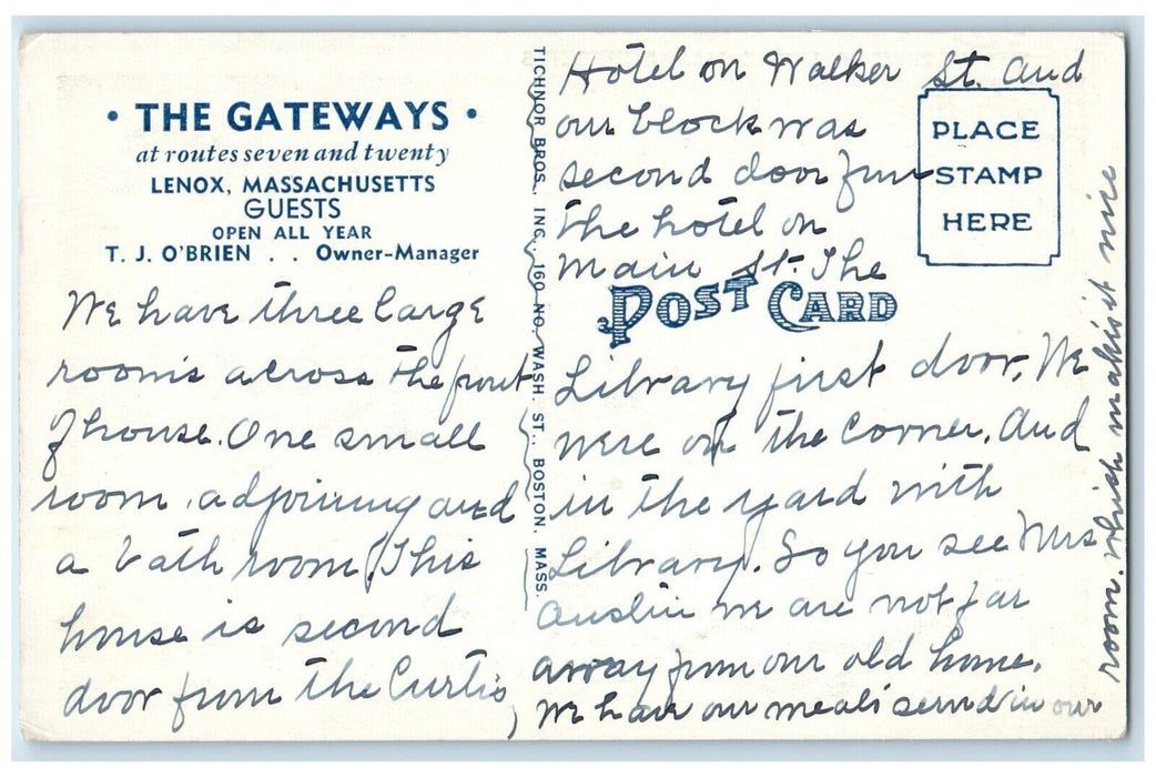 View Of The Gateway's Guest Building Lenox Massachusetts MA Vintage Postcard