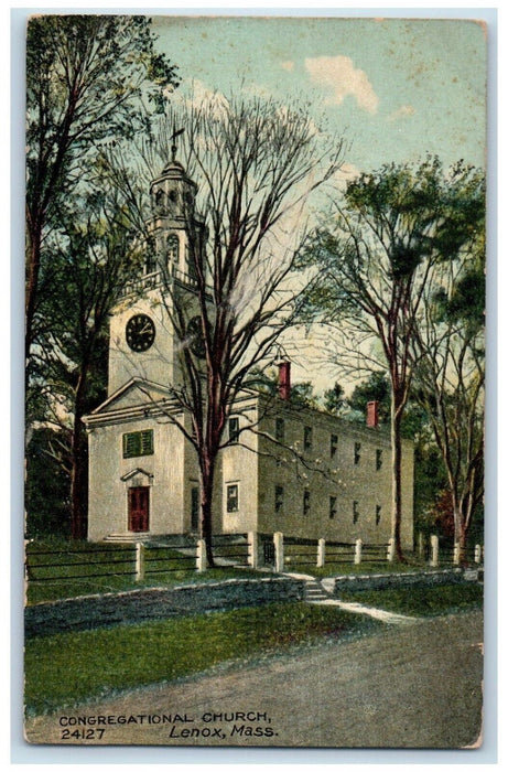 1910 Congregational Chruch Clock Tower Lenox Massachusetts MA Vintage Postcard