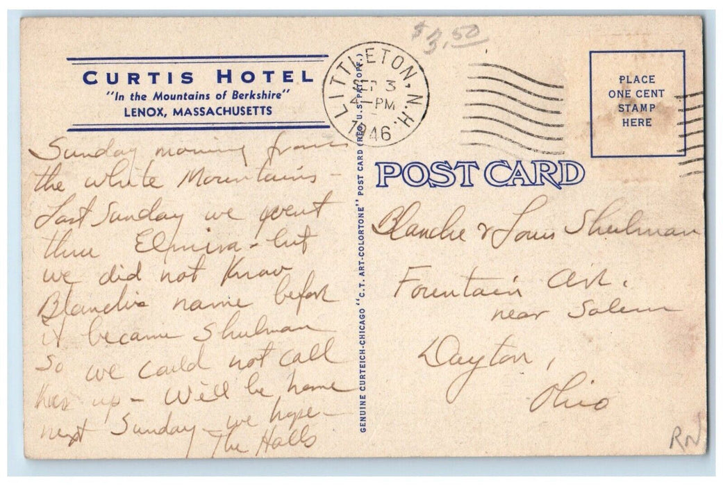 1949Curtis Hotel Cars Monument View Lenox Massachusetts MA Vintage Postcard