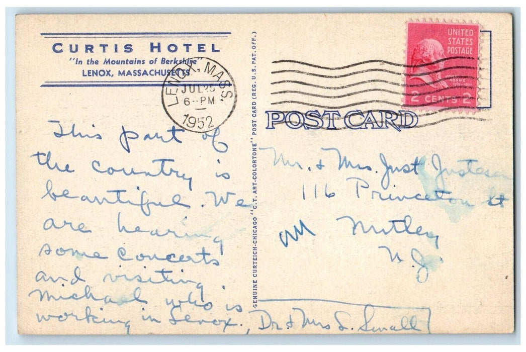 1952 View Of Curtis Hotel Building Cars Lenox Massachusetts MA Postcard