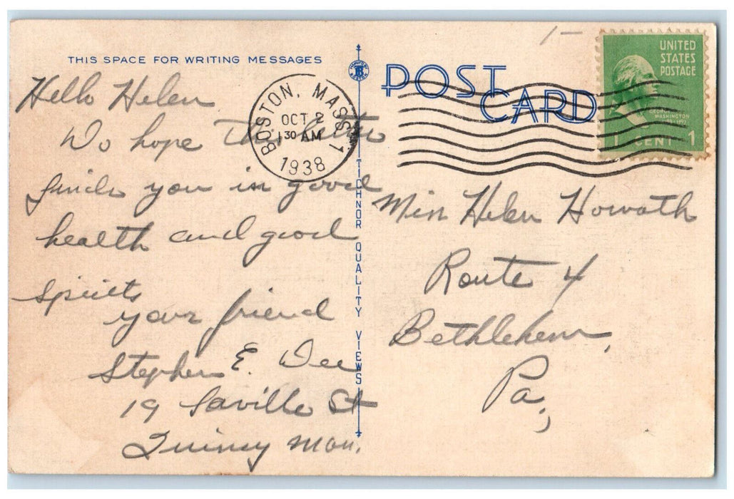 1938 Thomas Crane Library Quincy Massachusetts MA Vintage Posted Postcard