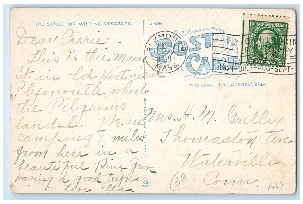 1921 Main Street Looking North Plymouth Massachusetts MA Antique Postcard