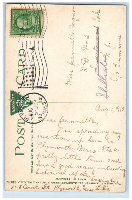 1912 High School Plymouth Massachusetts MA Hugh C Leighton Antique Postcard