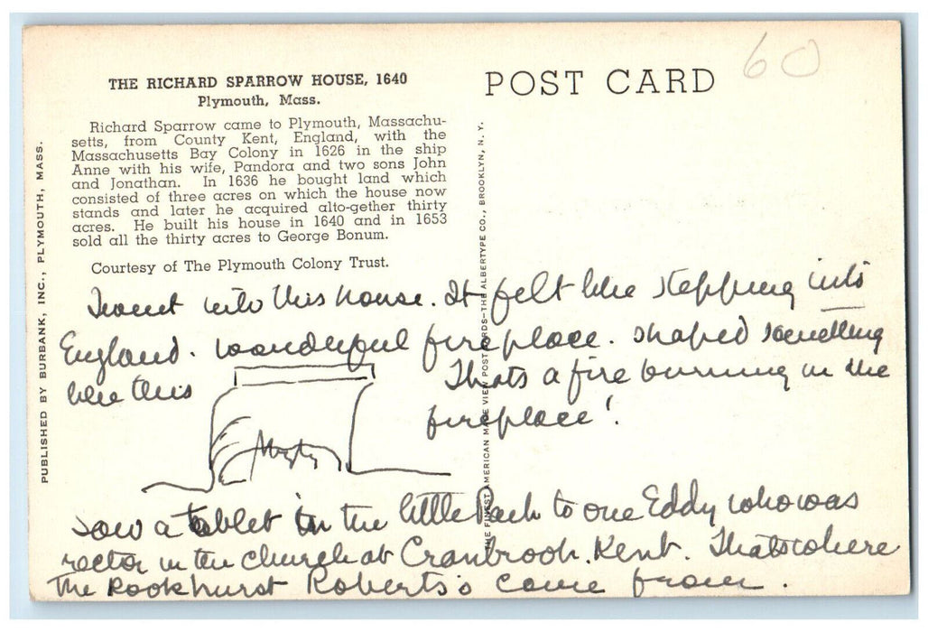 c1940's The Richard Sparrow House Plymouth Massachusetts MA Vintage Postcard