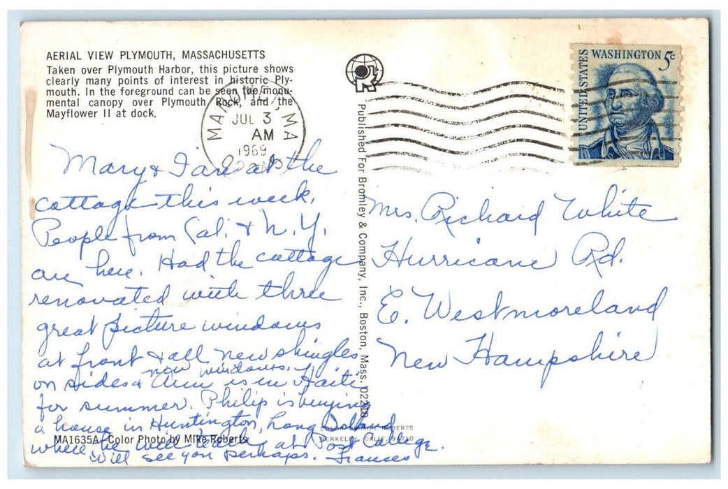 1969 Aerial View Mayflower II at Dock Plymouth Harbor Massachusetts MA Postcard