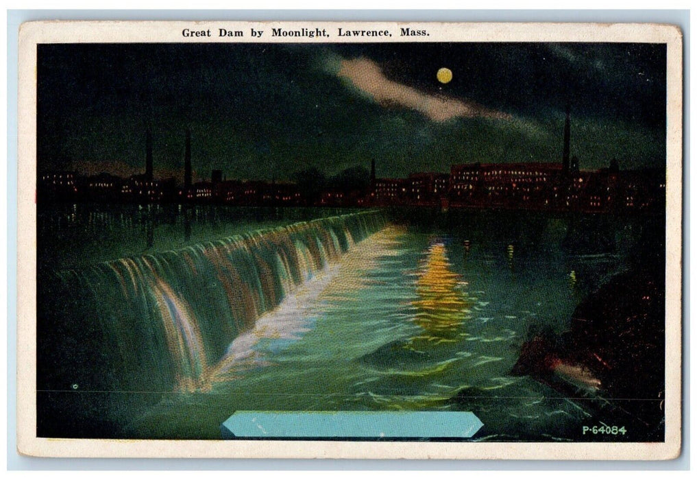 c1930's Great Dam By Moonlight Night View Lawrence Massachusetts MA Postcard