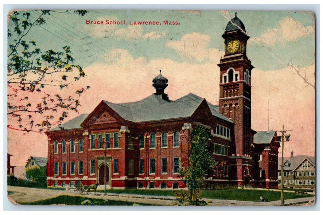 c1910's Bruce School Building Clock Tower Lawrence Massachusetts MA Postcard