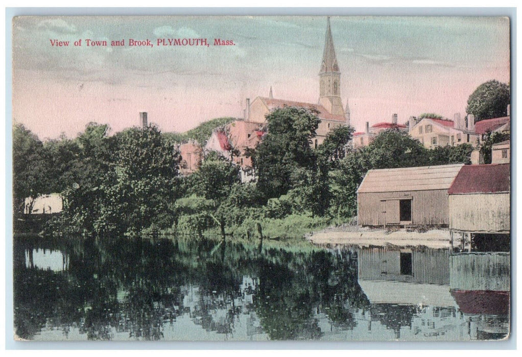 1912 View of Town and Brook Plymouth Massachusetts MA Antique Postcard
