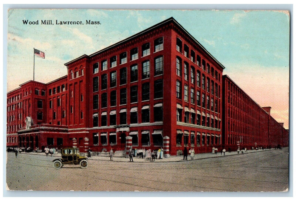 c1910's Wool Mill Building Car Street View Lawrence Massachusetts MA Postcard