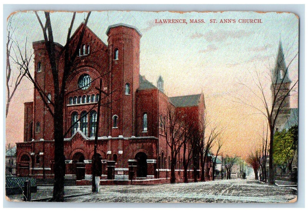 1908 St. Ann's Church Building Street View Lawrence Massachusetts MA Postcard