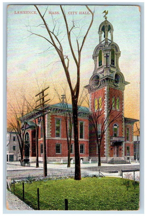 c1910's City Hall Building Horse Carriage Clock Tower Lawrence MA Postcard
