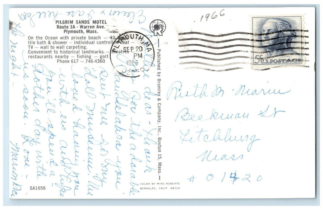 1966 Pilgrim Sands Motel Warren Avenue Plymouth Massachusetts MA Postcard