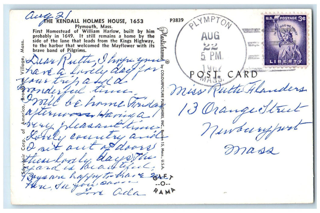 1967 The Kendall Holmes House Plymouth Massachusetts MA Vintage Postcard