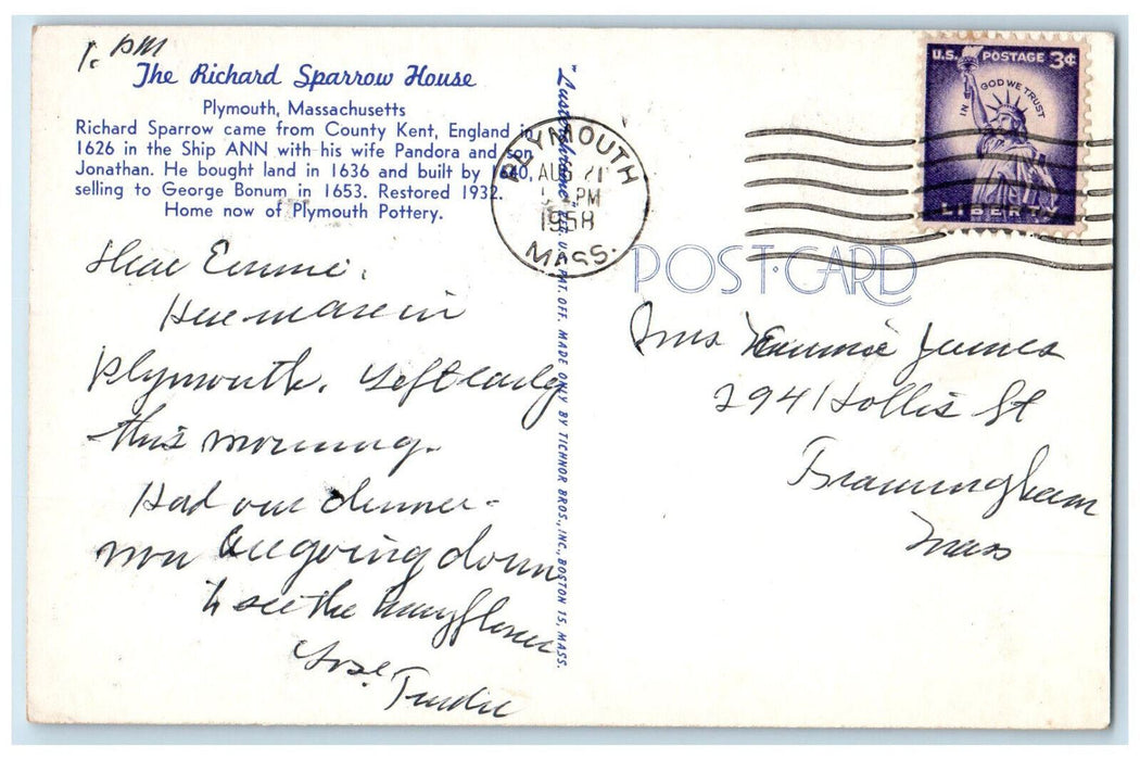 1958 The Richard Sparrow House Plymouth Pottery Massachusetts MA Postcard