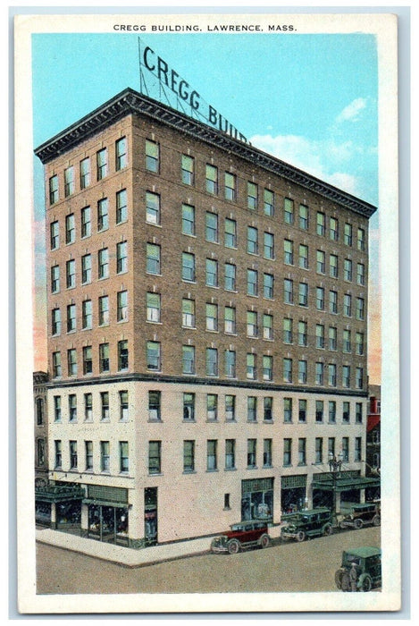 c1930's Cregg Building Cars Street View Lawrence Massachusetts MA Postcard