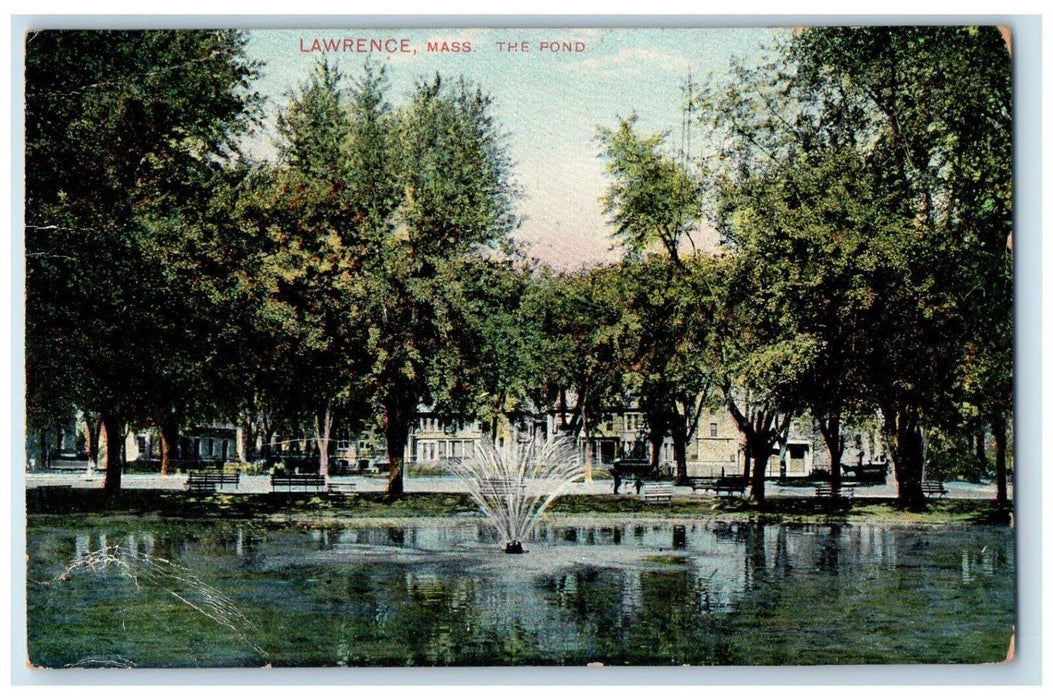 c1910's View Of The Pond Fountain Bench Lawrence Massachusetts MA Postcard