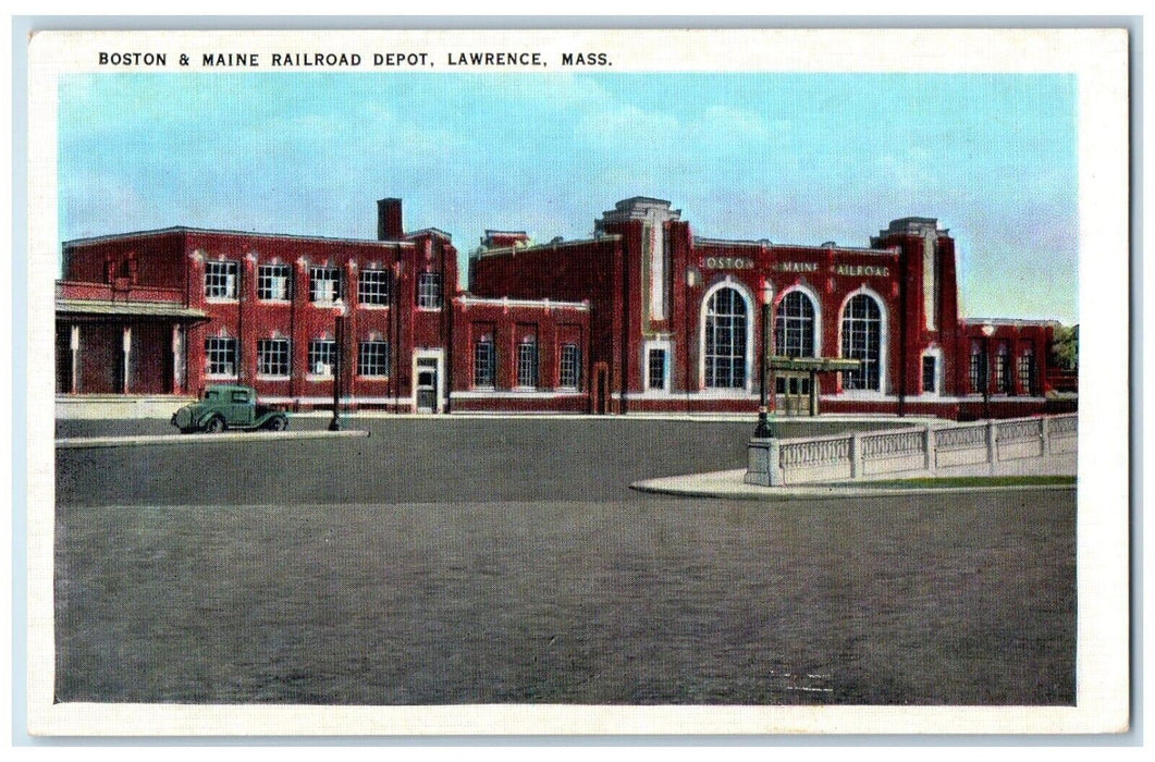 c1910's Boston & Maine Railroad Depot Car Lawrence Massachusetts MA Postcard