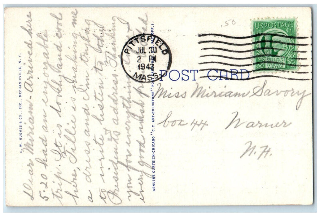 1943 Pontoosuc Lake Pittsfield Massachusetts MA In The Berkshires Postcard