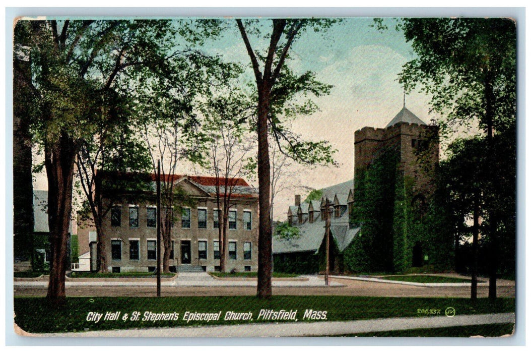 1909 City Hall & St. Stephen's Episcopal Church Pittsfield MA Antique Postcard