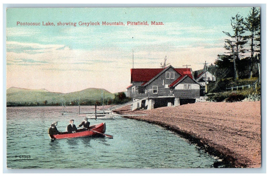 1913 Boat Canoeing at Pontoosuc Lake Grelock Mountain Pittsfield MA Postcard