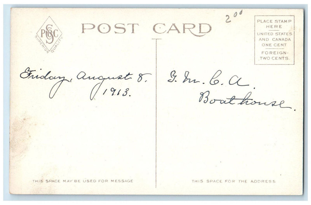 1913 Boat Canoeing at Pontoosuc Lake Grelock Mountain Pittsfield MA Postcard