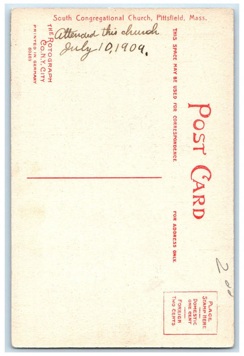 1909 South Congregational Church Pittsfield Massachusetts MA Postcard
