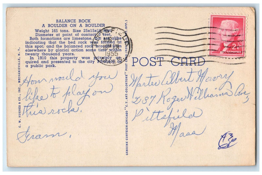 1955 Balance Rock Pittsfield Massachusetts MA Vintage Posted Postcard
