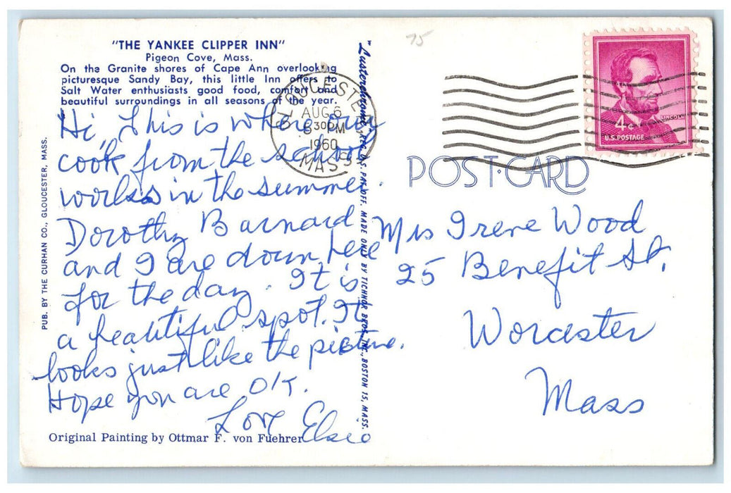 1960 "The Yankee Clipper Inn" Pigeon Cove Massachusetts MA Vintage Postcard