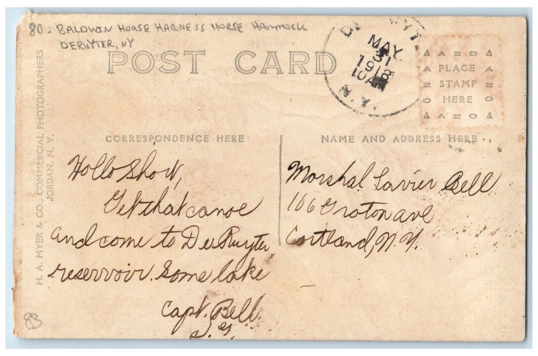1918 Baldwin House Harness Horse Hammock Deruyter New York NY RPPC Postcard