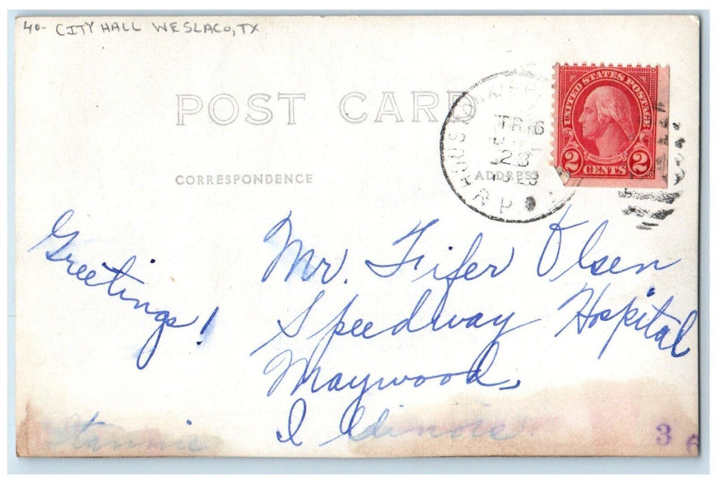 Front View Of City Hall Building Weslaco Texas TX RPPC Photo RPO Postcard